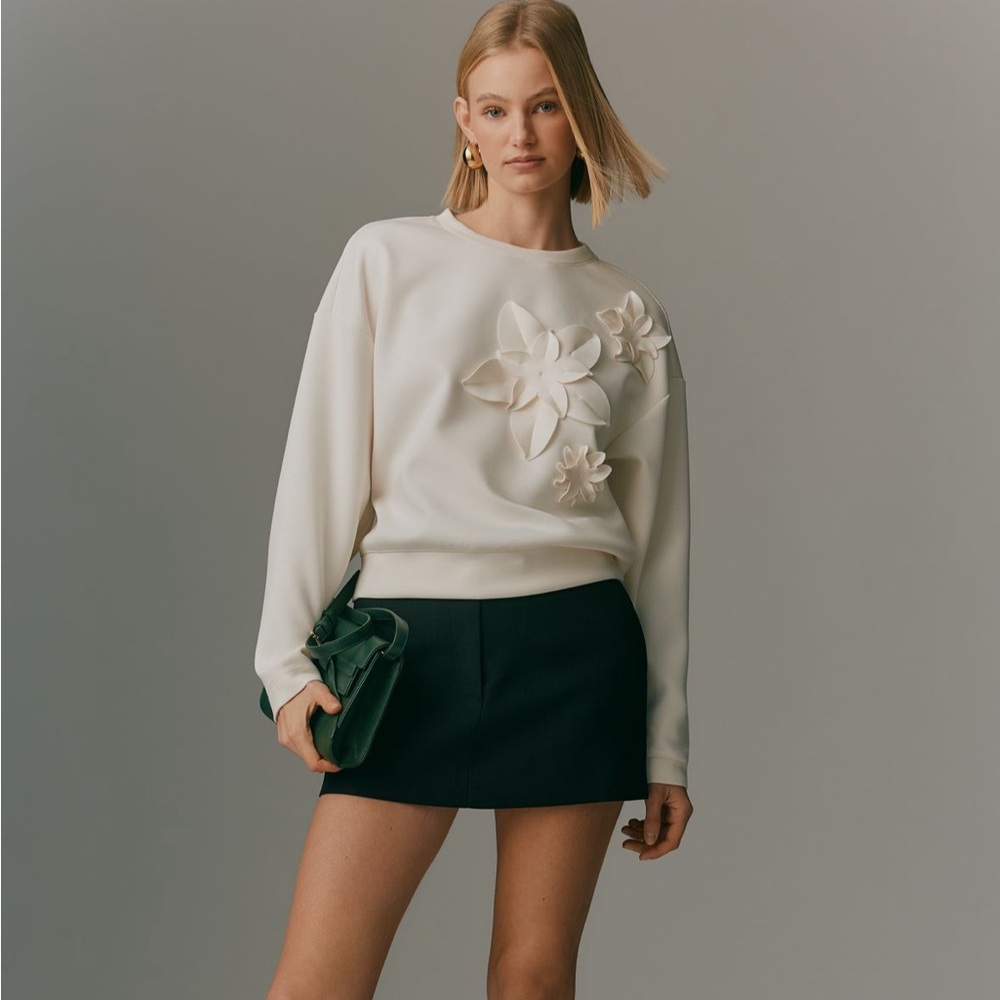 Anthropology 3D Cream Floral Appliqué Sweatshirt